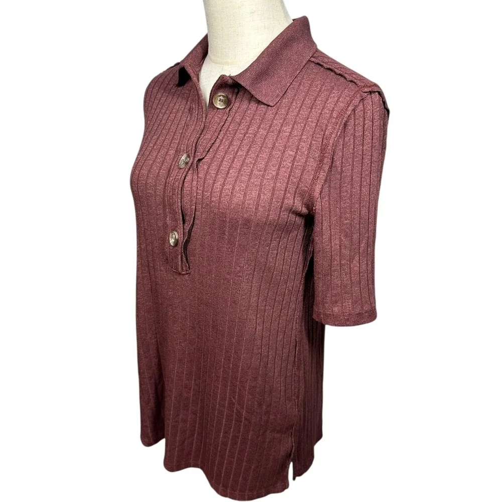 Free People Heart Strings Brown‎ Polo Ribbed Knit Shirt Top XS Old Money Preppy
